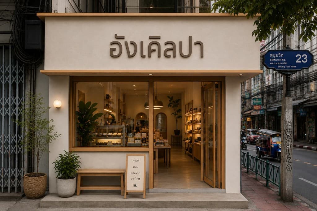 Bangkok café storefront with modern loopless Thai script signage